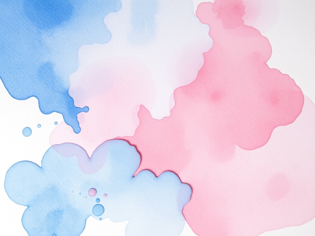 soft watercolor wash in blues and pinks bleeding into each other on textured paper, organic edges, paint pooling and blending naturally