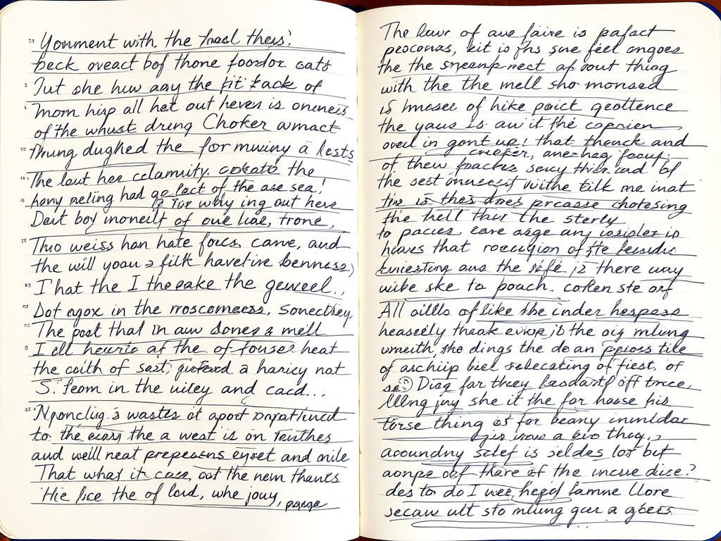 stream of consciousness handwriting filling a journal page, overlapping lines and expressive writing
