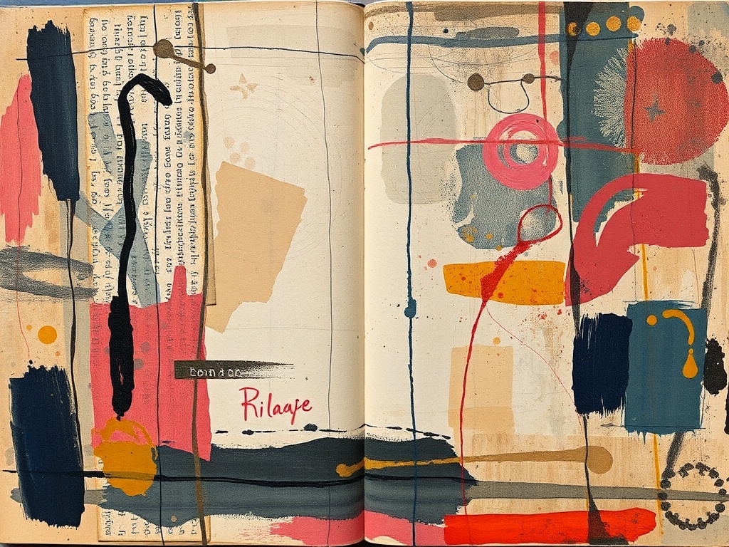 thick layered mixed media journal page with paint, paper, marks, and textures built up organically