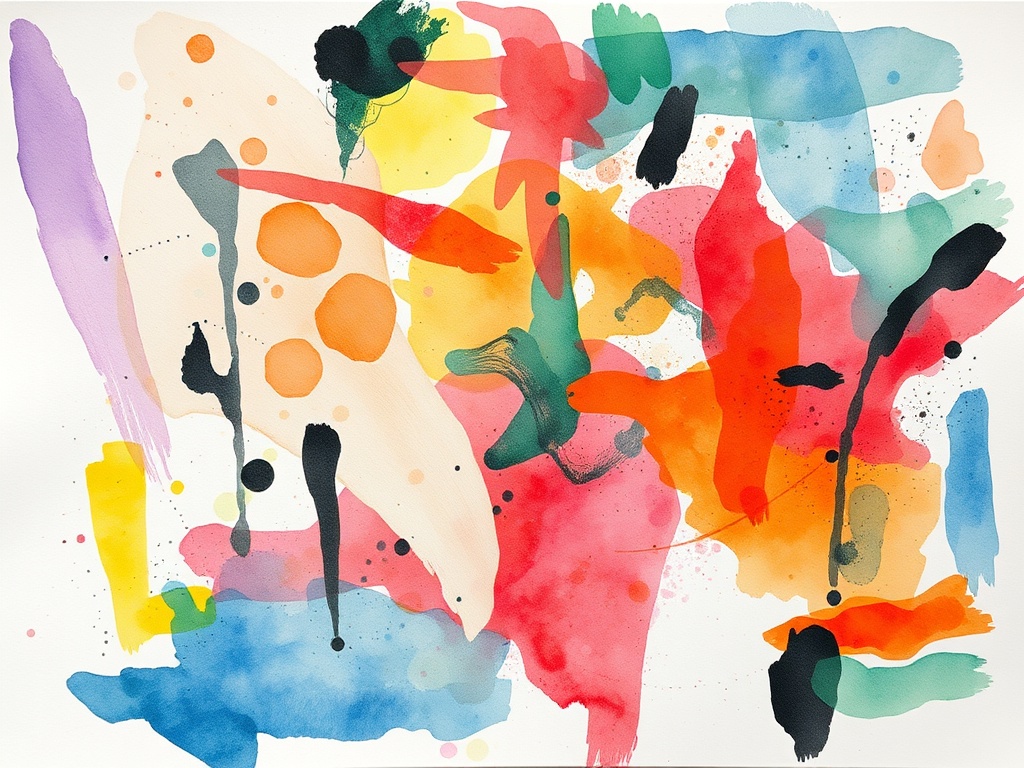 abstract emotional watercolor spread with chaotic brush strokes, layered colors, expressive marks, textured paper, messy art journal page