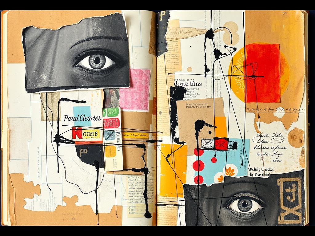 art journal collage using magazine cutouts, torn paper, layered textures, expressive mixed media composition