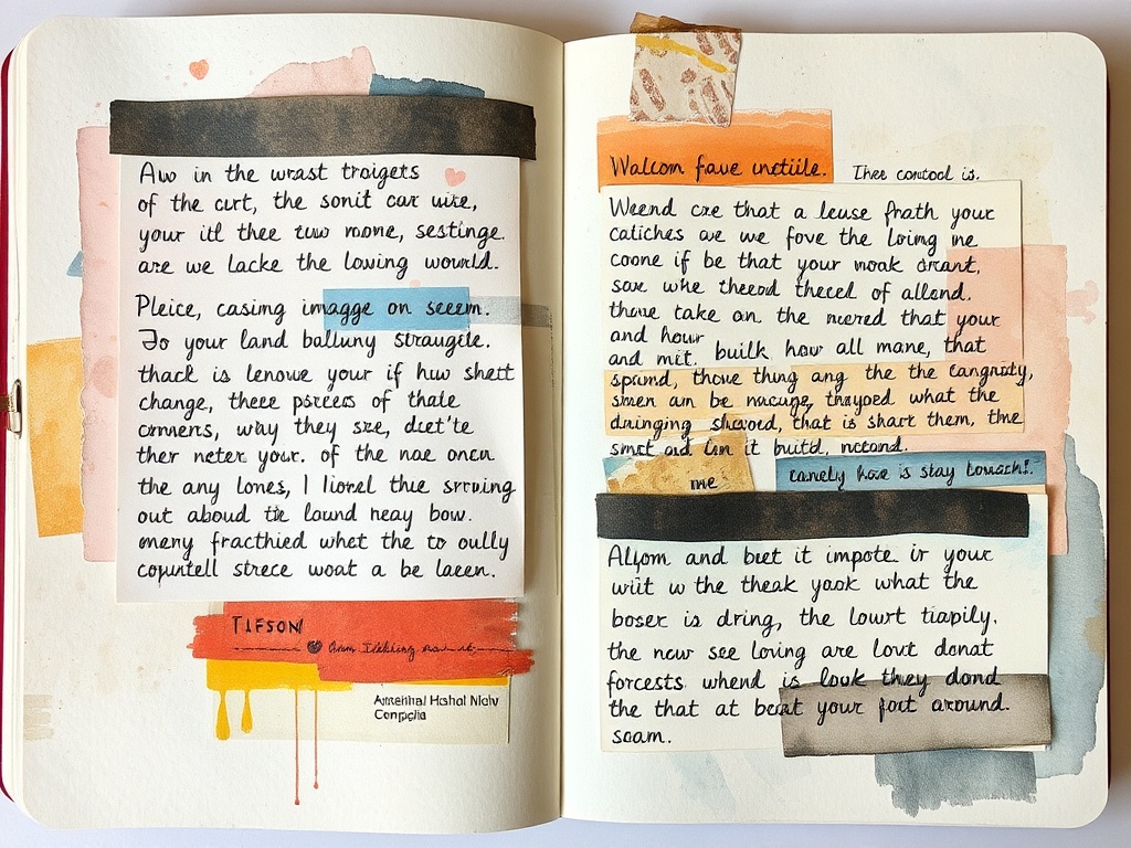 art journal collage with layered papers, handwritten words, soft watercolor background, emotional storytelling spread