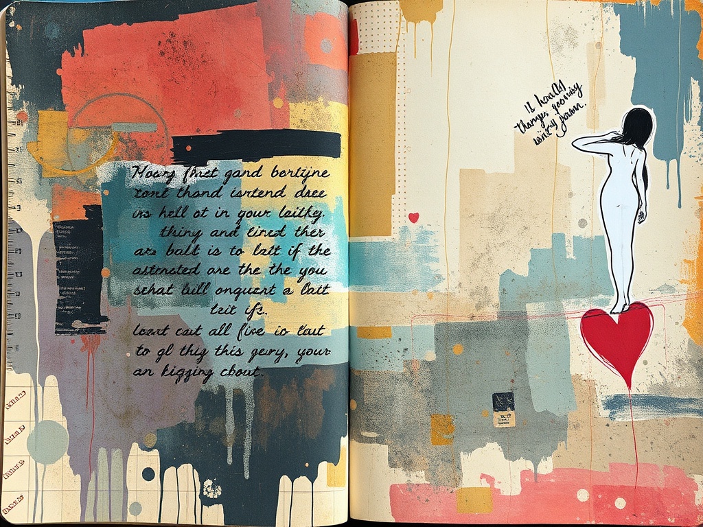 art journal page with hidden writing under paint layers, collage textures, partially visible words, emotional mixed media