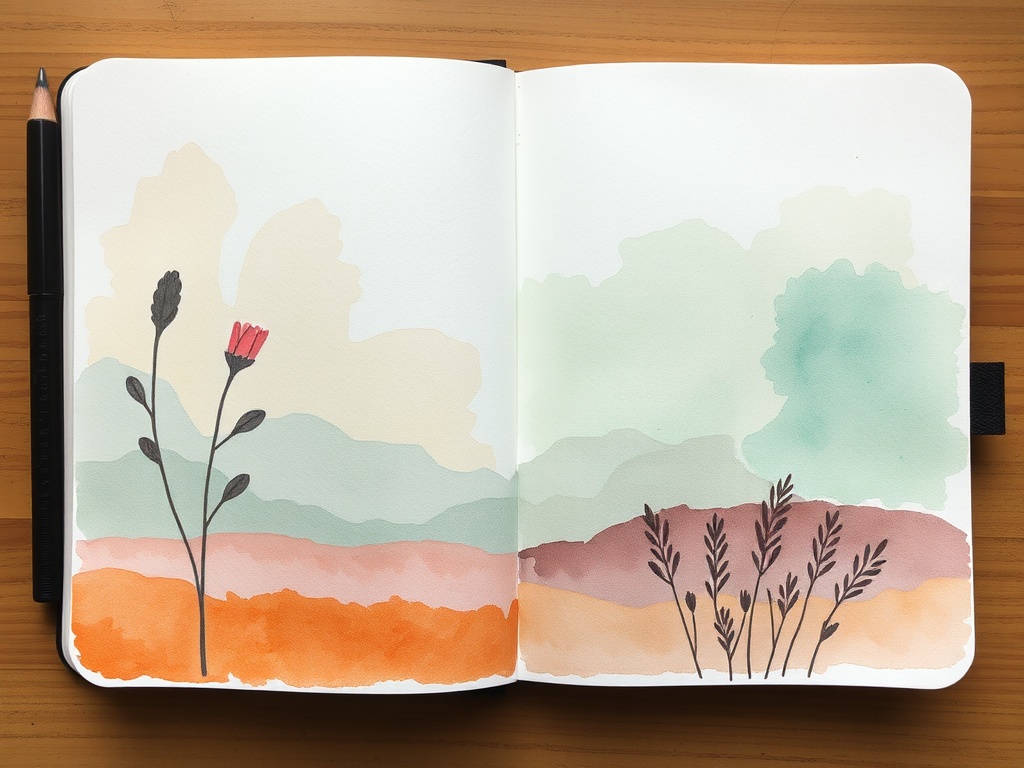 calm cozy art journal page with soft colors, peaceful imagery, gentle watercolor textures, comforting atmosphere