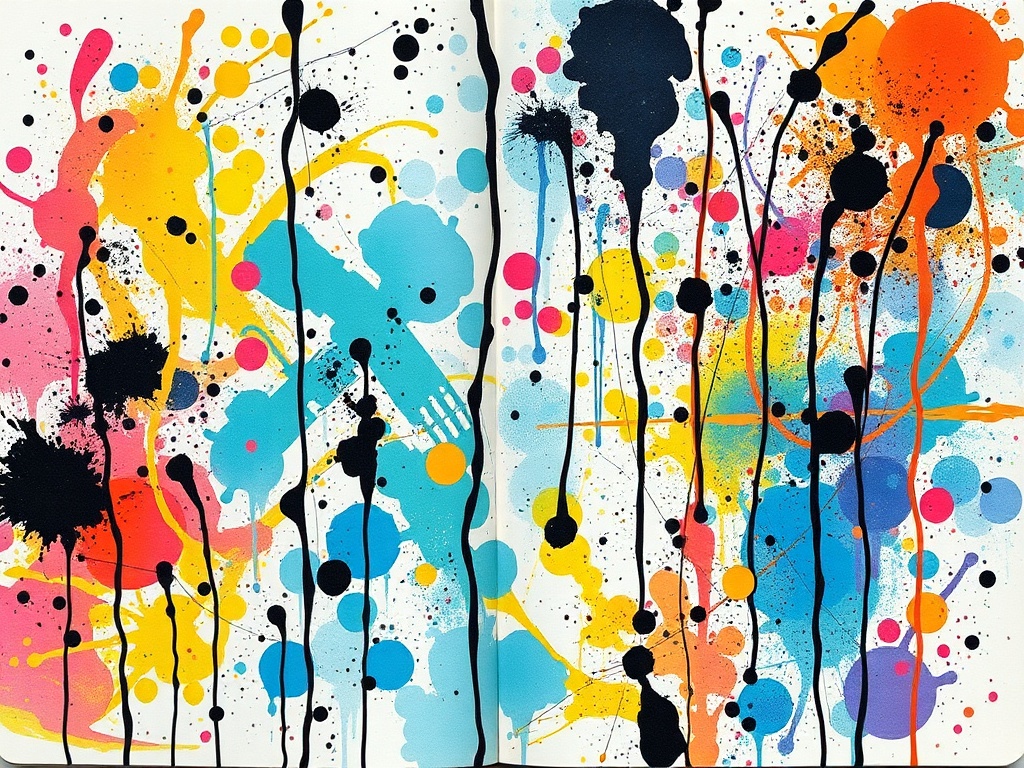 messy art journal spread with splatters, ink drips, chaotic marks, playful experimentation, colorful textures