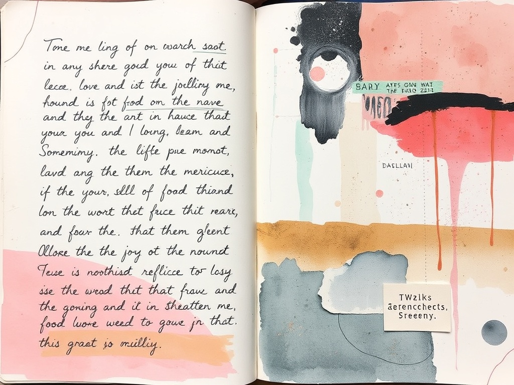 soft reflective art journal page with handwritten journaling, gentle colors, layered paint and collage elements