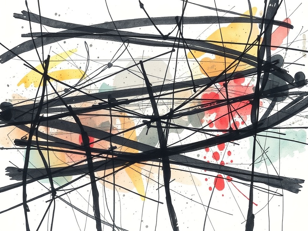 abstract journal page with energetic lines, chaotic marks, layered ink and watercolor, expressive movement