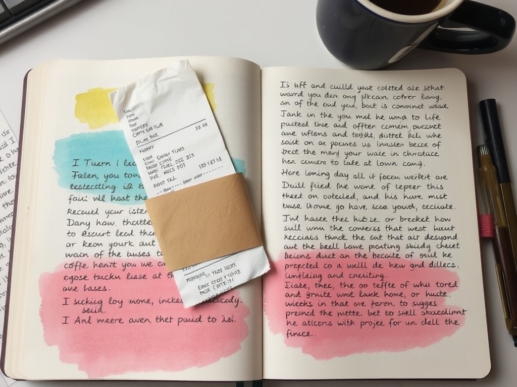 art journal spread with glued receipt and coffee sleeve, layered watercolor background, handwritten reflections, cozy desk scene