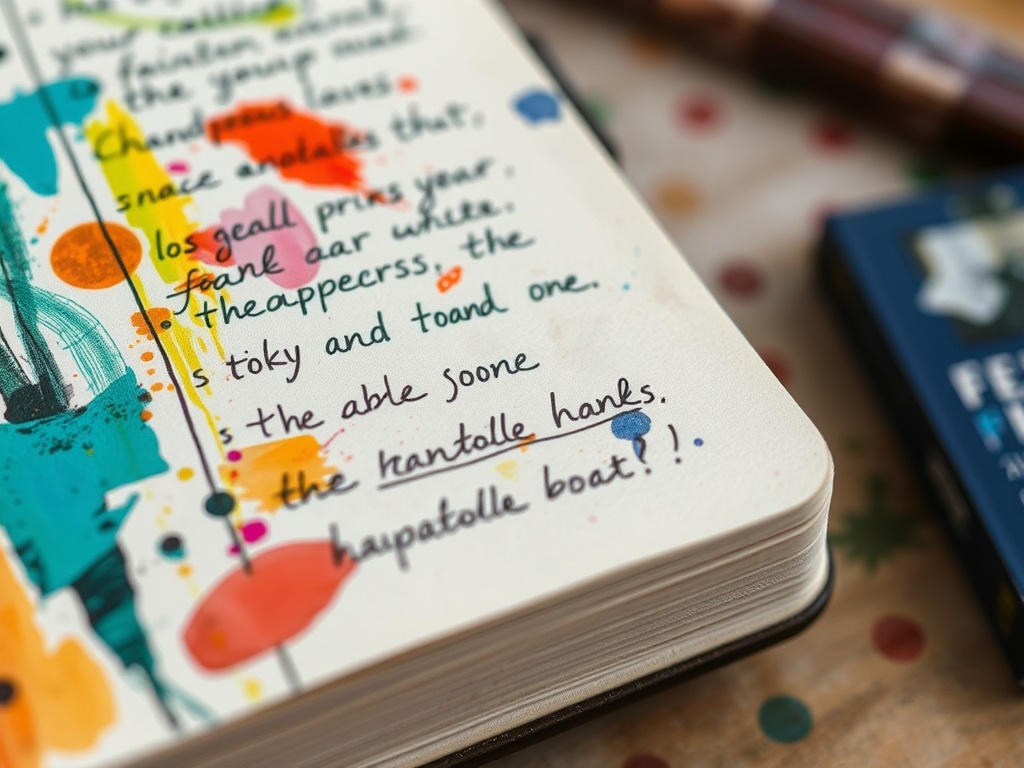 close-up of a messy journal page drawn with uneven lines and shaky handwriting, colorful paint smudges, imperfect expressive marks