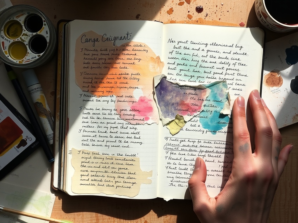 messy art journal spread with layered watercolor, torn paper collage, handwritten notes, soft natural light, paint-stained hands nearby