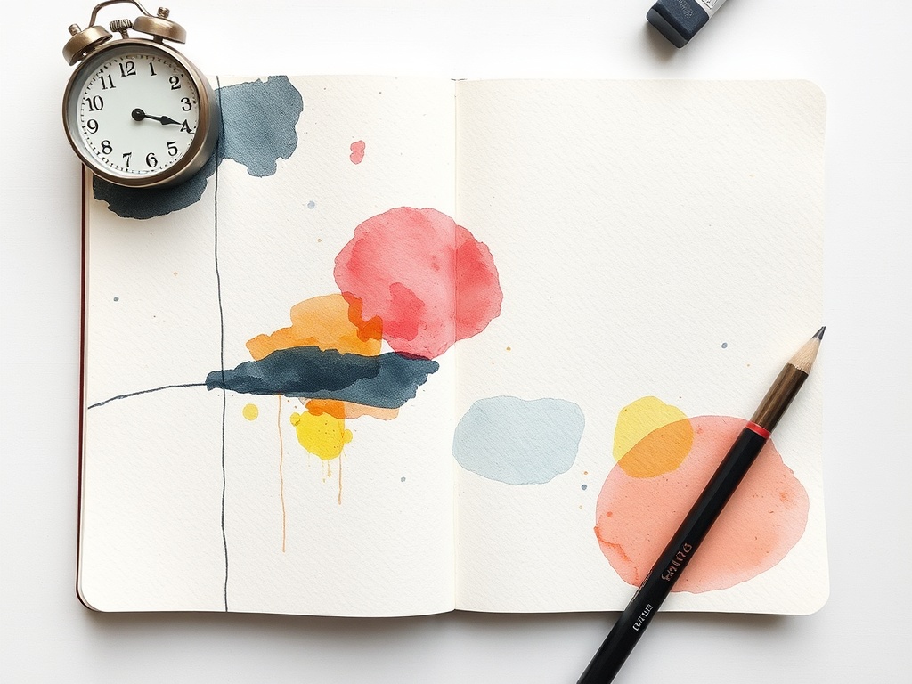 simple quick art journal page with loose watercolor, minimal collage, timer nearby, spontaneous marks