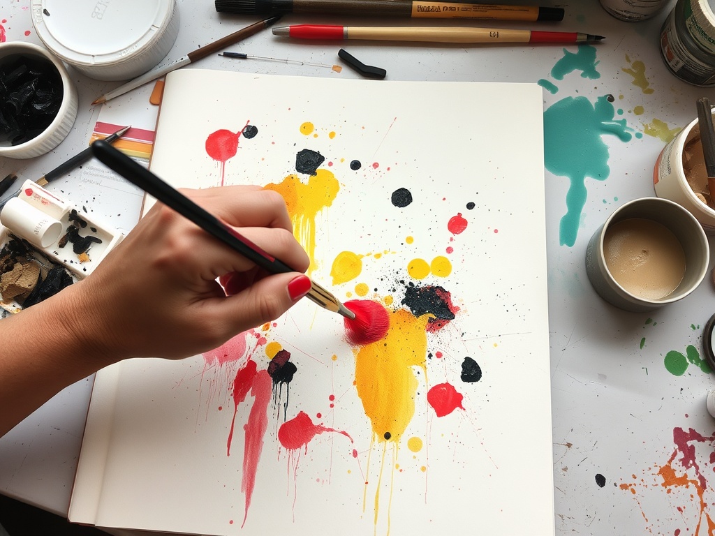 art journal page in progress with hands painting quickly, scattered supplies, dynamic brush strokes, messy creative process