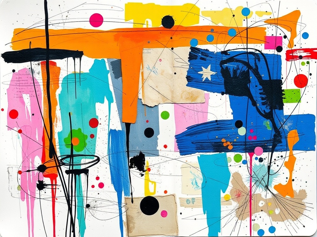 intentionally messy art journal page with clashing colors crooked collage torn paper layers bold scribbles playful chaos