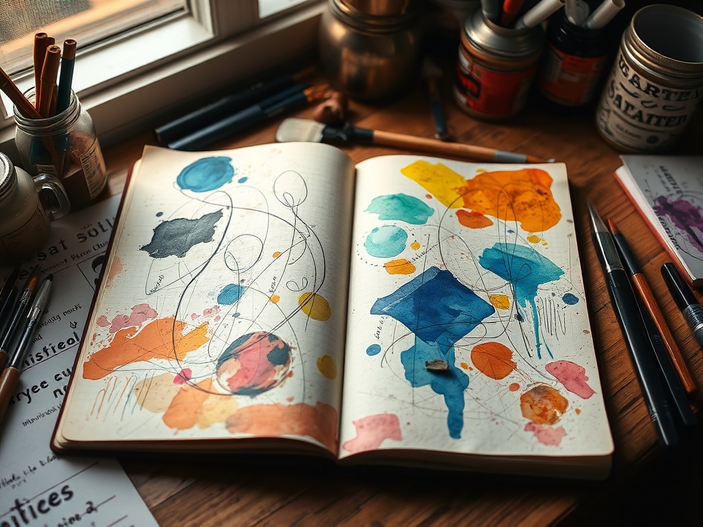 messy art journal spread with watercolor stains, scribbles, collage pieces, warm lighting, textured paper, cozy creative workspace