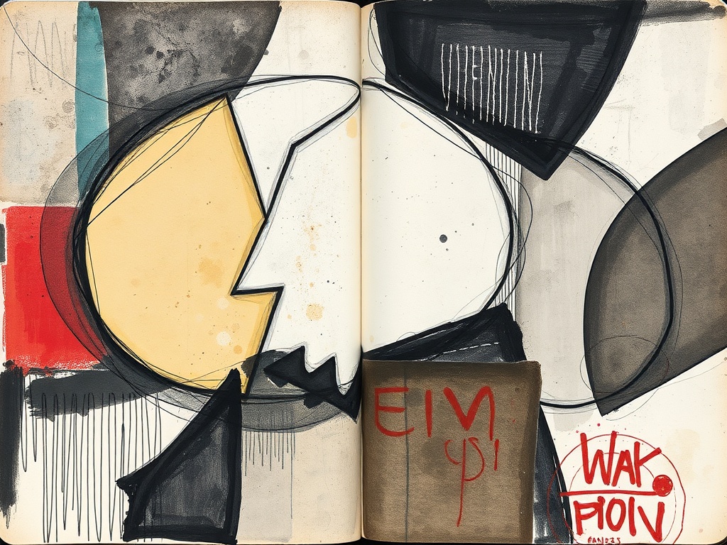 repetitive abstract shapes layered across journal page representing emotion, bold lines, mixed media textures, expressive marks