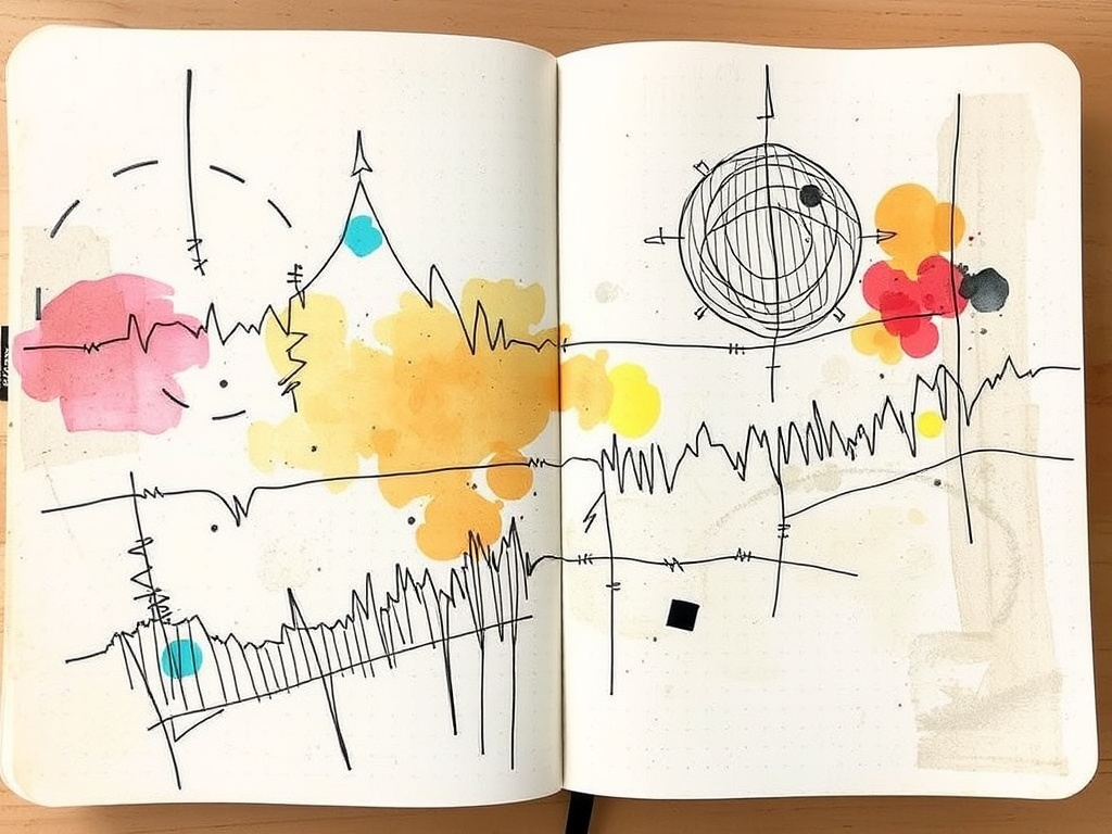 abstract doodles and lines showing different energy levels, jagged and soft shapes, mixed media textures on journal page