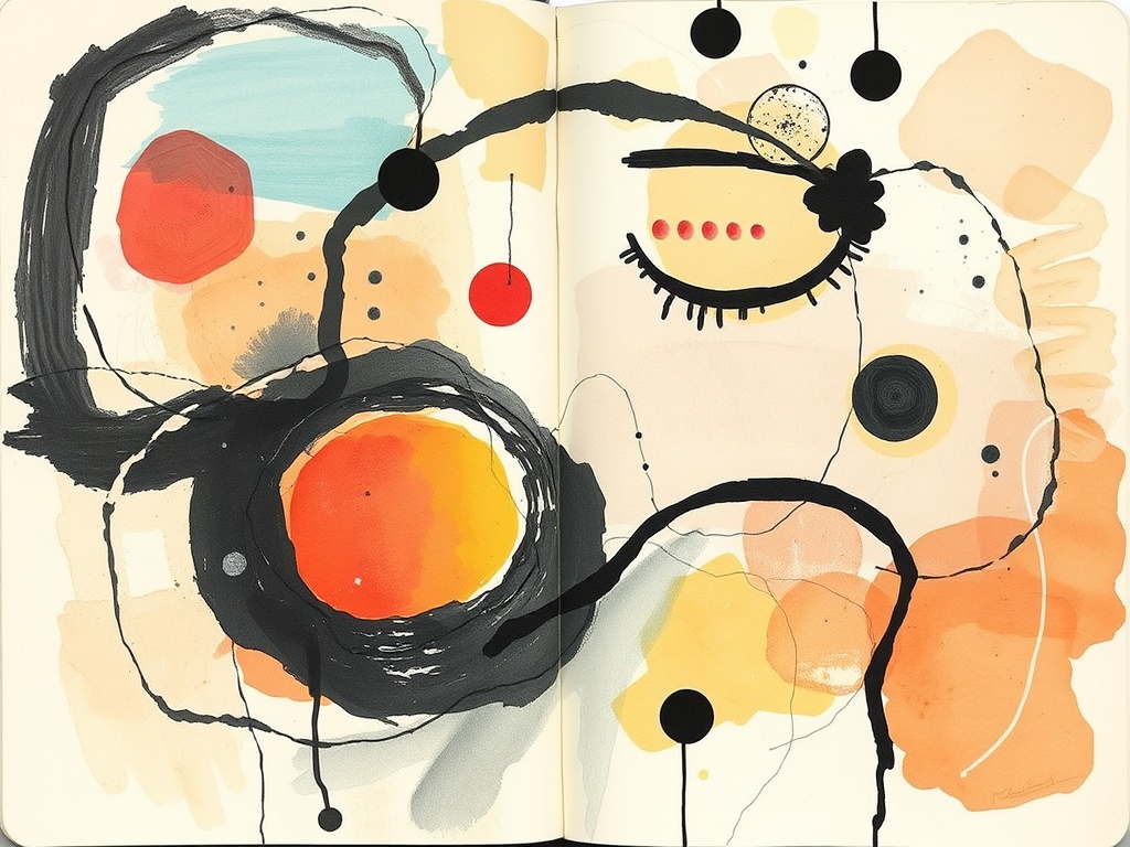 abstract expressive art journal page created with eyes closed, loose uncontrolled marks, organic shapes and textures