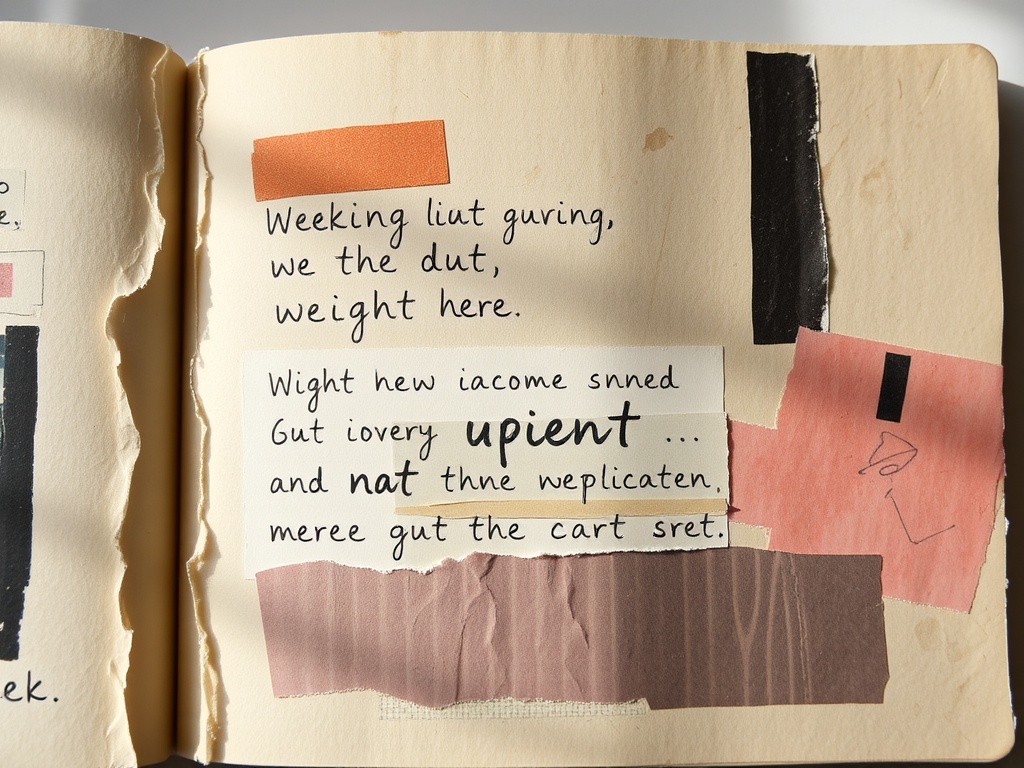 art journal page with collage of torn paper, muted colors, layered textures, handwritten words about weight and emotion, soft natural lighting