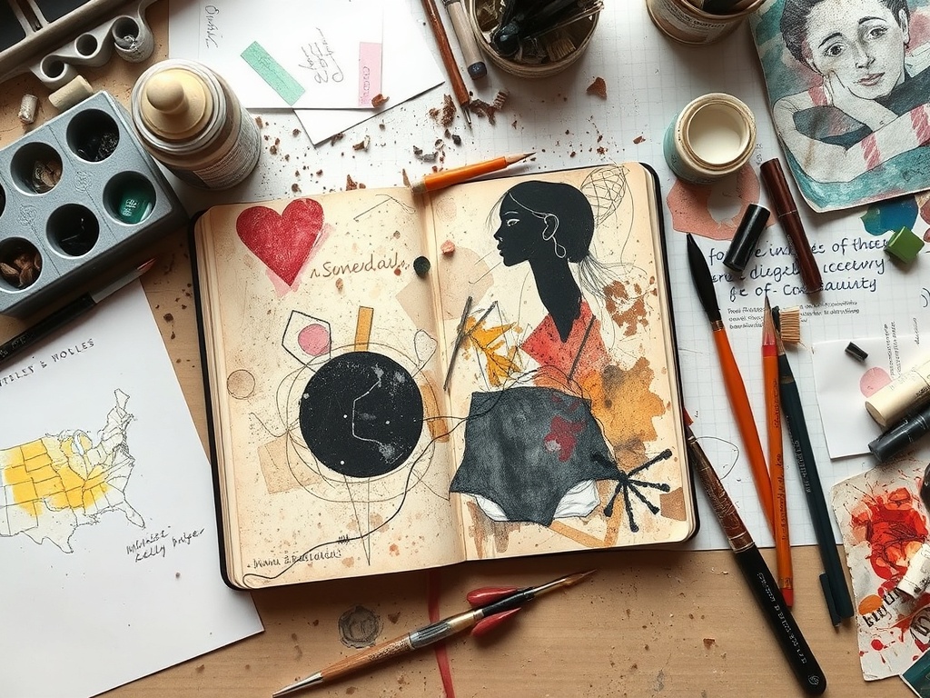 art journal workspace with scattered supplies, spontaneous page created from random materials, organic and imperfect composition