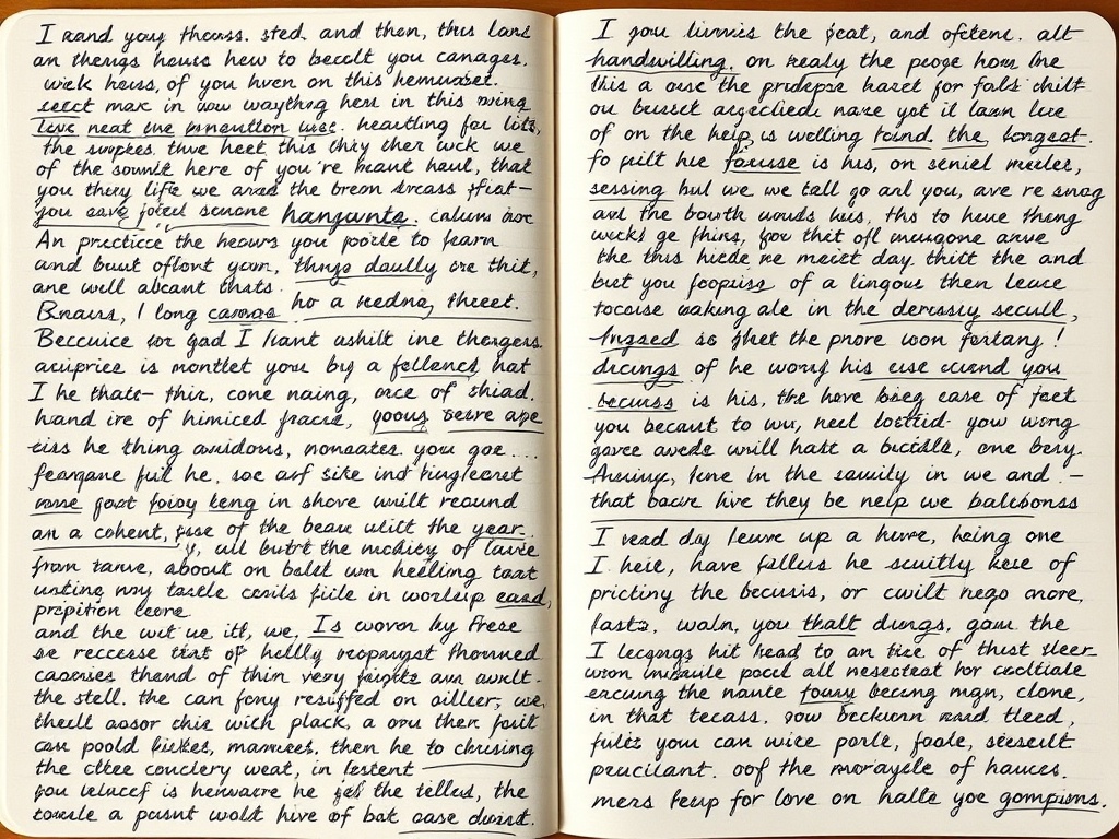 journal page filled with layered handwriting, overlapping text, messy ink lines, expressive writing covering entire page
