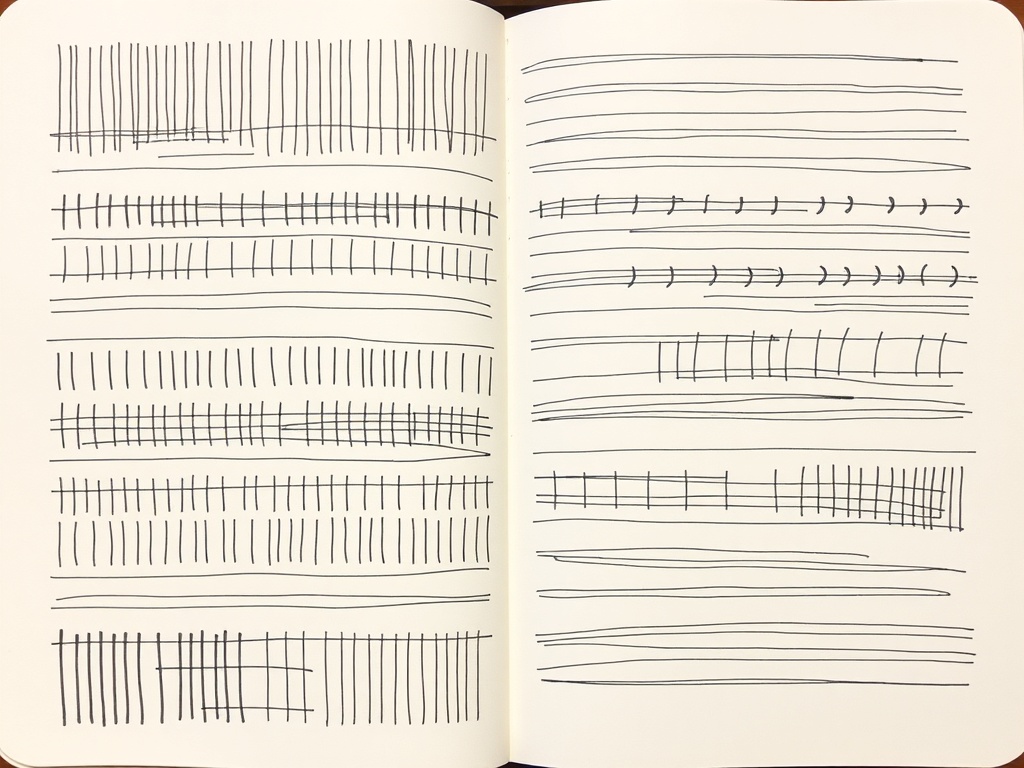 journal page filled with repetitive marks and patterns, meditative drawing, rhythmic lines across page