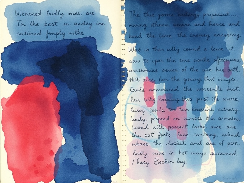 messy watercolor spread with layered dark blues and reds, chaotic brush strokes, scribbled handwriting partially covered with paint, textured mixed media journal page
