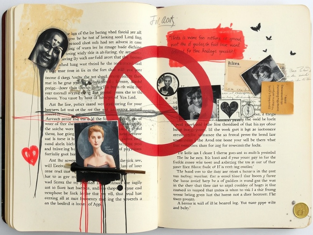 mixed media journal page with partially hidden text under paint, layered collage pieces, symbolic imagery of avoidance