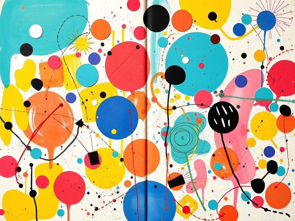 playful abstract art journal page with random colors, shapes, stickers, and textures, joyful and chaotic composition