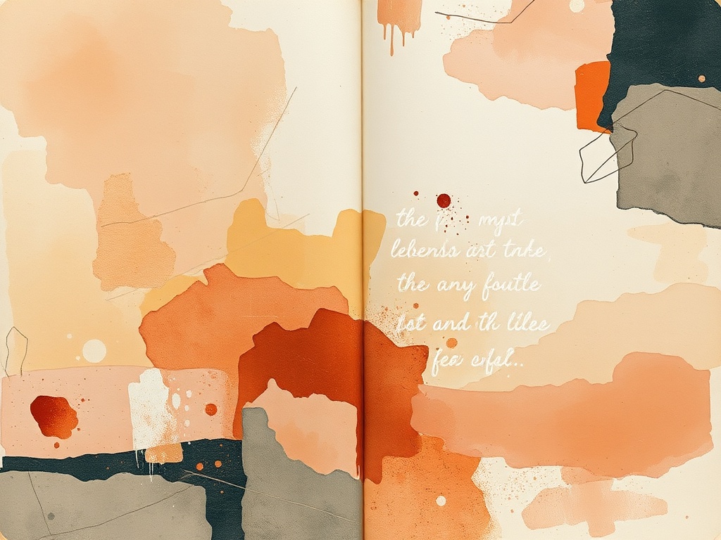 soft warm toned art journal page with cozy textures, gentle colors, calming composition, layered papers and paint