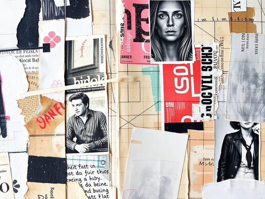 art journal collage with torn magazine pieces, layered textures, glue stick visible, imperfect composition