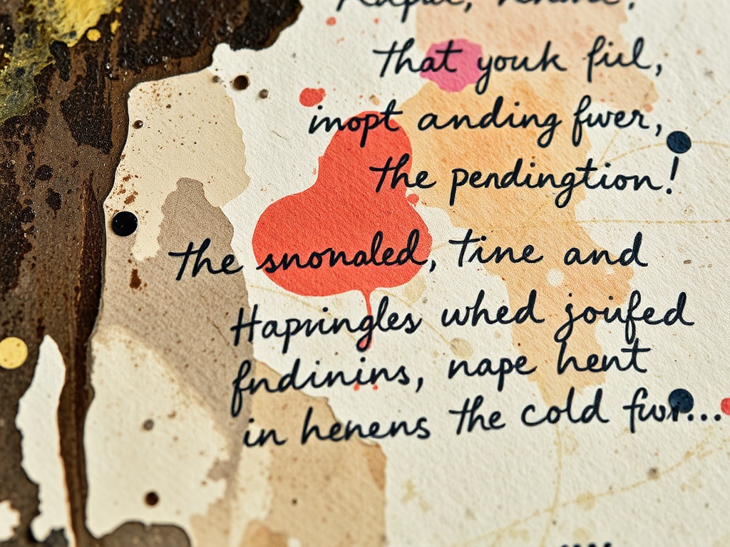 close-up of messy art journal page with smudged paint, layered handwriting, imperfect textures, warm cozy lighting