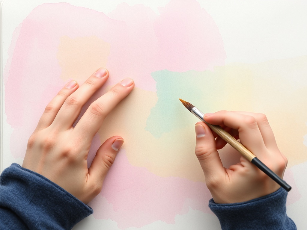hands painting loose watercolor background in a journal, soft pastel colors blending, visible brush strokes, casual imperfect technique