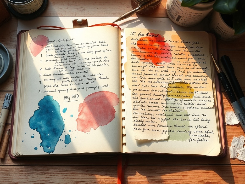 messy art journal spread with watercolor washes, torn paper collage, handwritten notes, soft natural lighting, cozy creative workspace