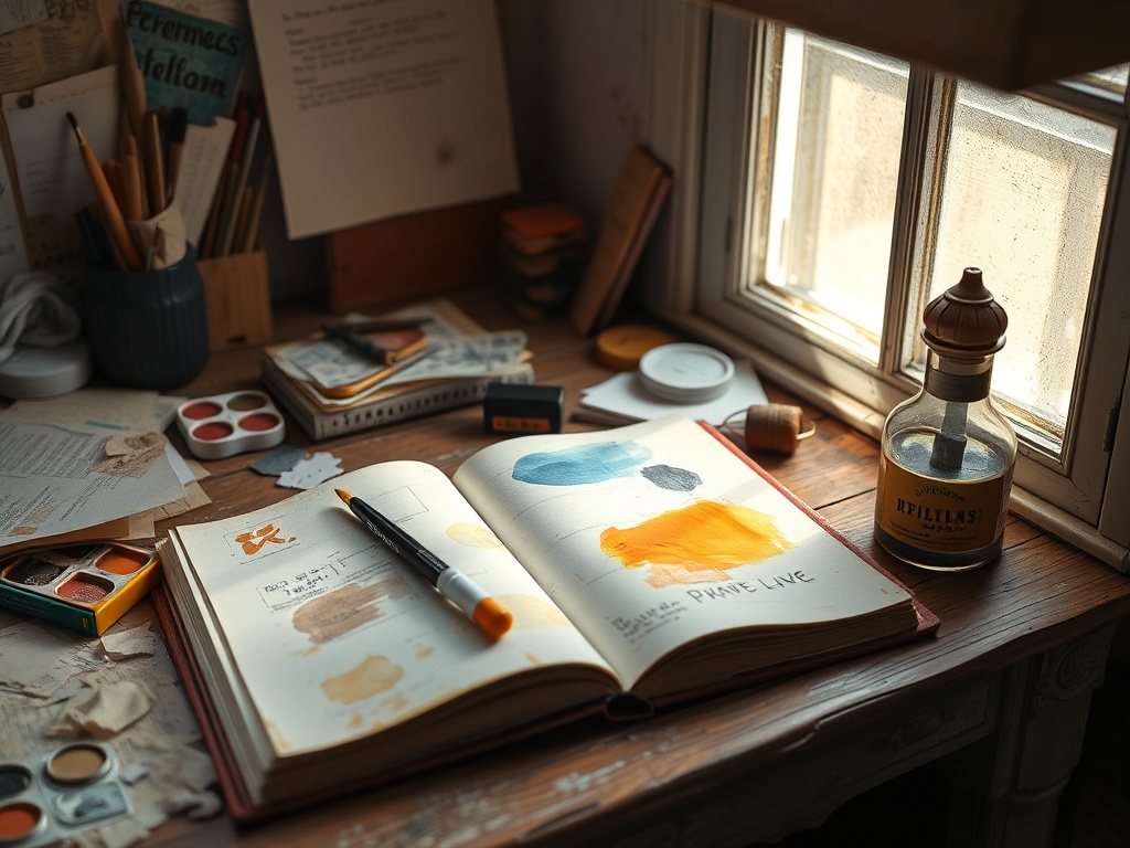 a cozy art journaling workspace with an open messy journal, watercolor paints, glue stick, scraps of paper, warm natural light, textured and imperfect surfaces