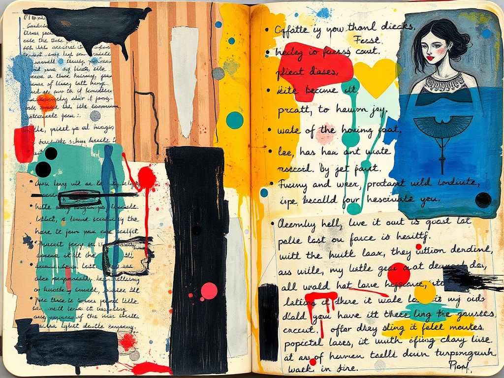 a messy art journal spread with layered paint, collage scraps, handwritten words, imperfect composition, expressive and emotional