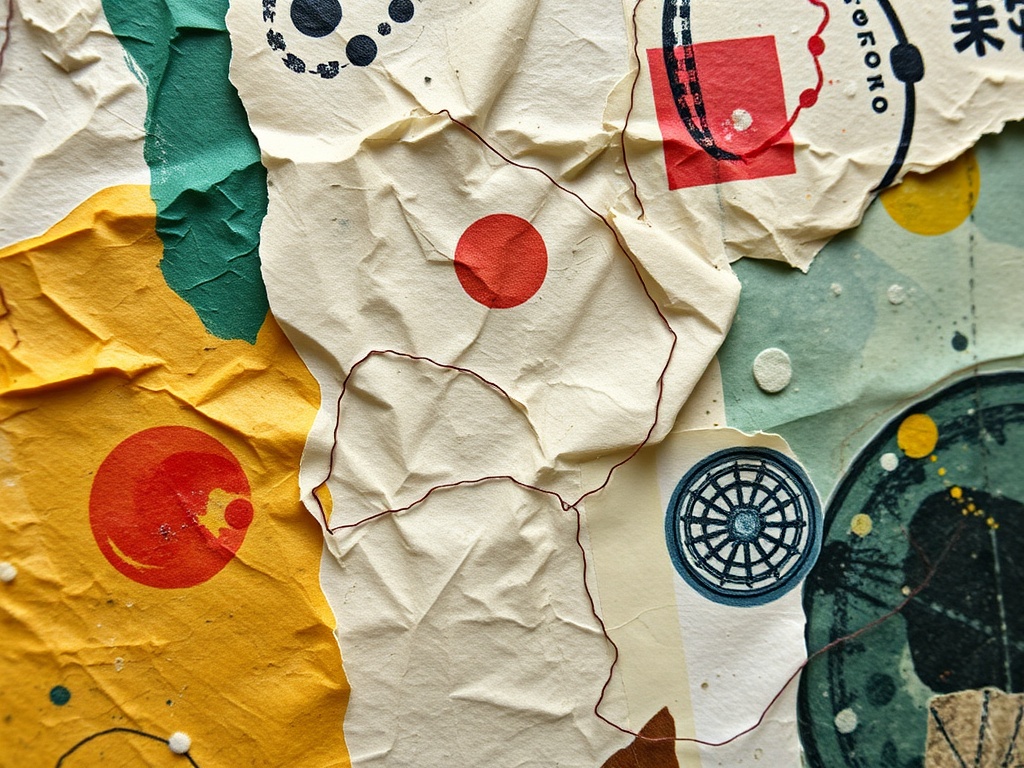 close-up of textured journal page with wrinkles, paint layers, collage elements, showing tactile imperfections and depth