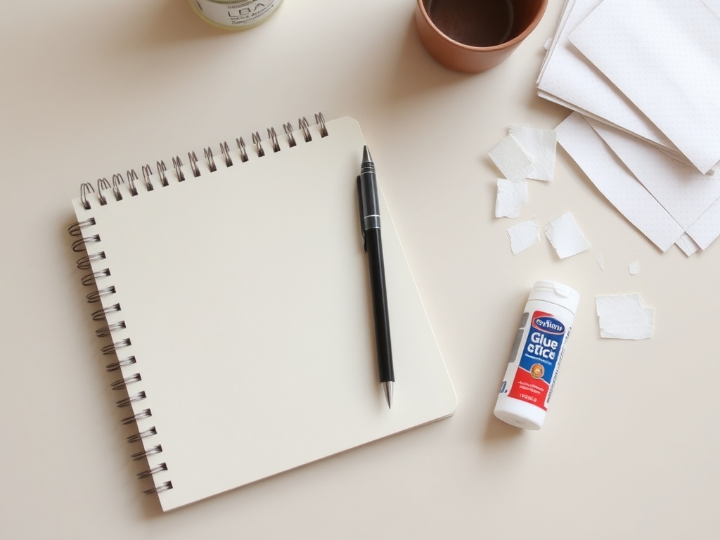 simple art journaling supplies laid out on a table: notebook, pen, glue stick, scraps of paper, minimal and approachable, soft lighting