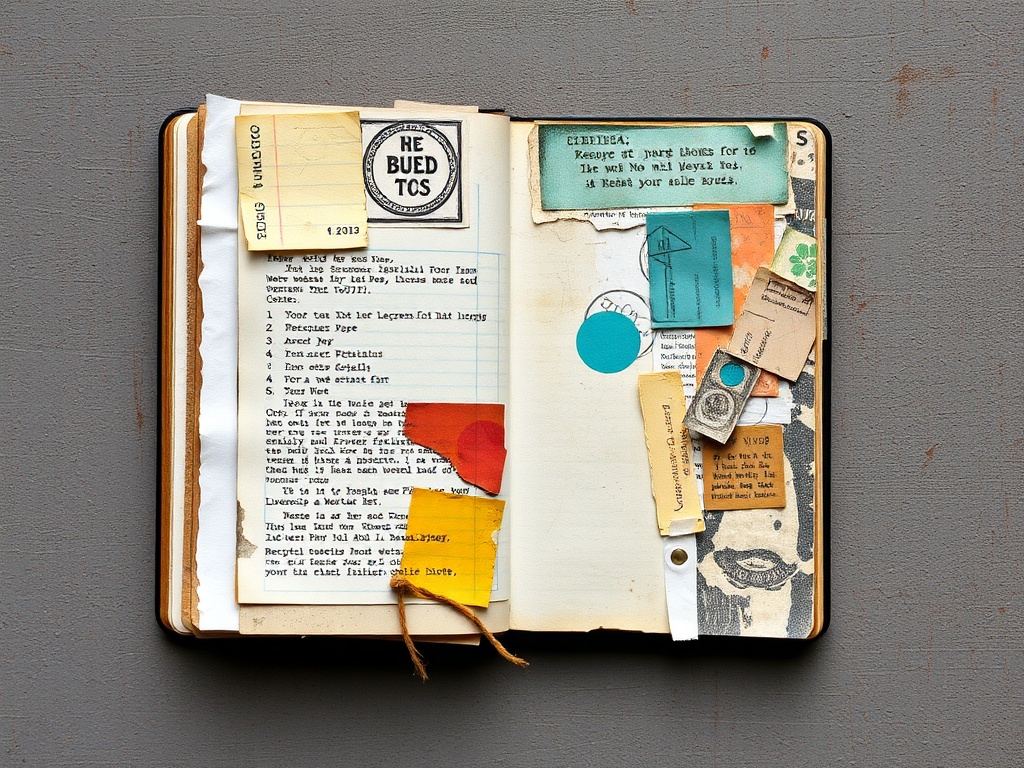 art journal page with collage elements like receipts and torn paper, imperfect glue marks, textured surface