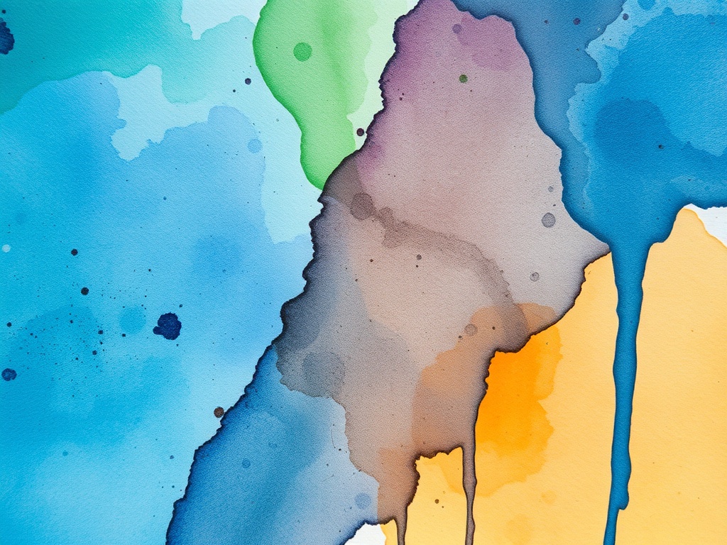 close-up of messy watercolor wash in art journal, uneven colors, drips, imperfect texture
