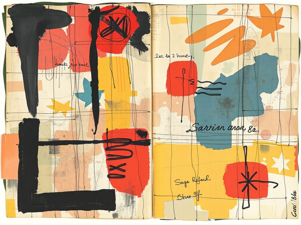 layered mixed media art journal page with paint, pen marks, collage, organic imperfect composition