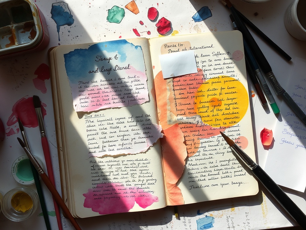 messy art journal spread with watercolor washes, torn paper collage, handwritten notes, warm natural light, paint brushes scattered