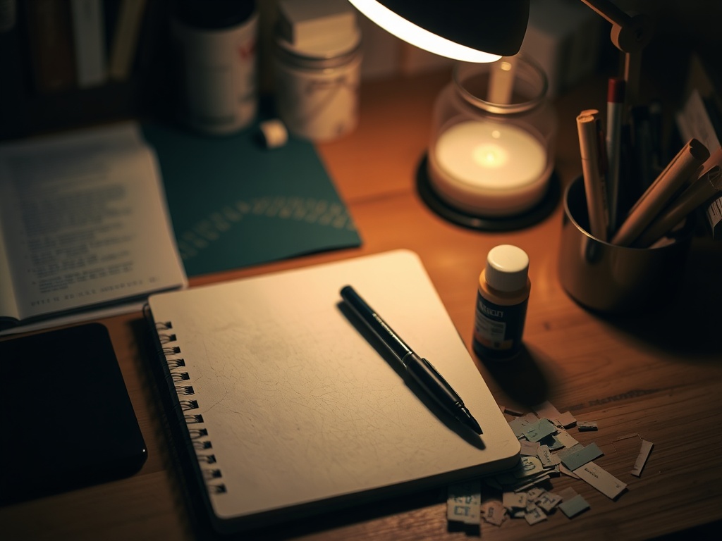 simple art journaling setup on a desk, notebook, pen, glue stick, scraps of paper, cozy warm lighting