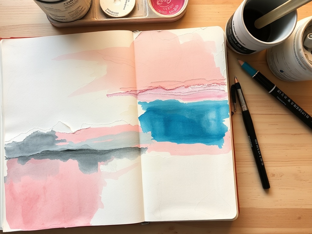 unfinished art journal page with visible layers, soft colors, imperfect edges, calming creative workspace
