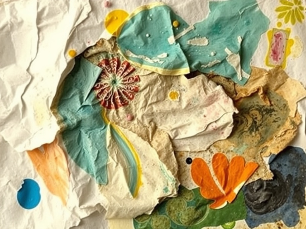 crumpled textured art journal page with paint layers and collage, imperfect but expressive, warm lighting