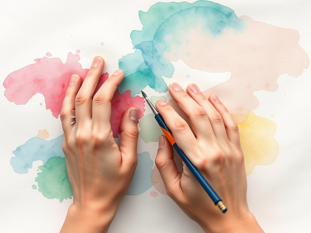 hands painting loose watercolor wash on journal page, soft flowing colors blending, imperfect and organic textures