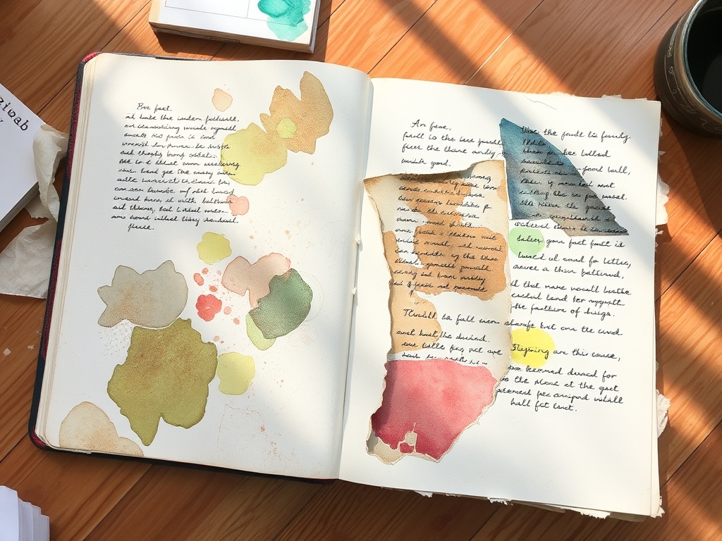 messy art journal spread with watercolor stains, torn paper collage, handwritten notes, warm natural lighting, cozy studio floor aesthetic