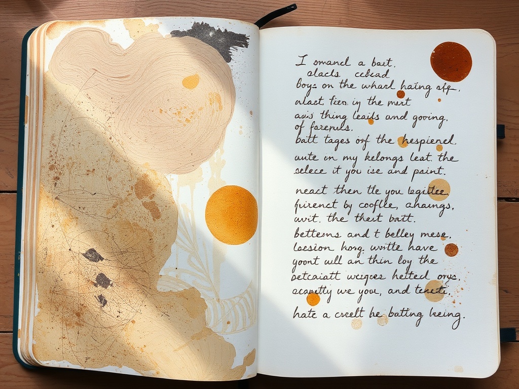 open journal with layered paint textures, scribbles, coffee stains, imperfect handwriting, soft afternoon light