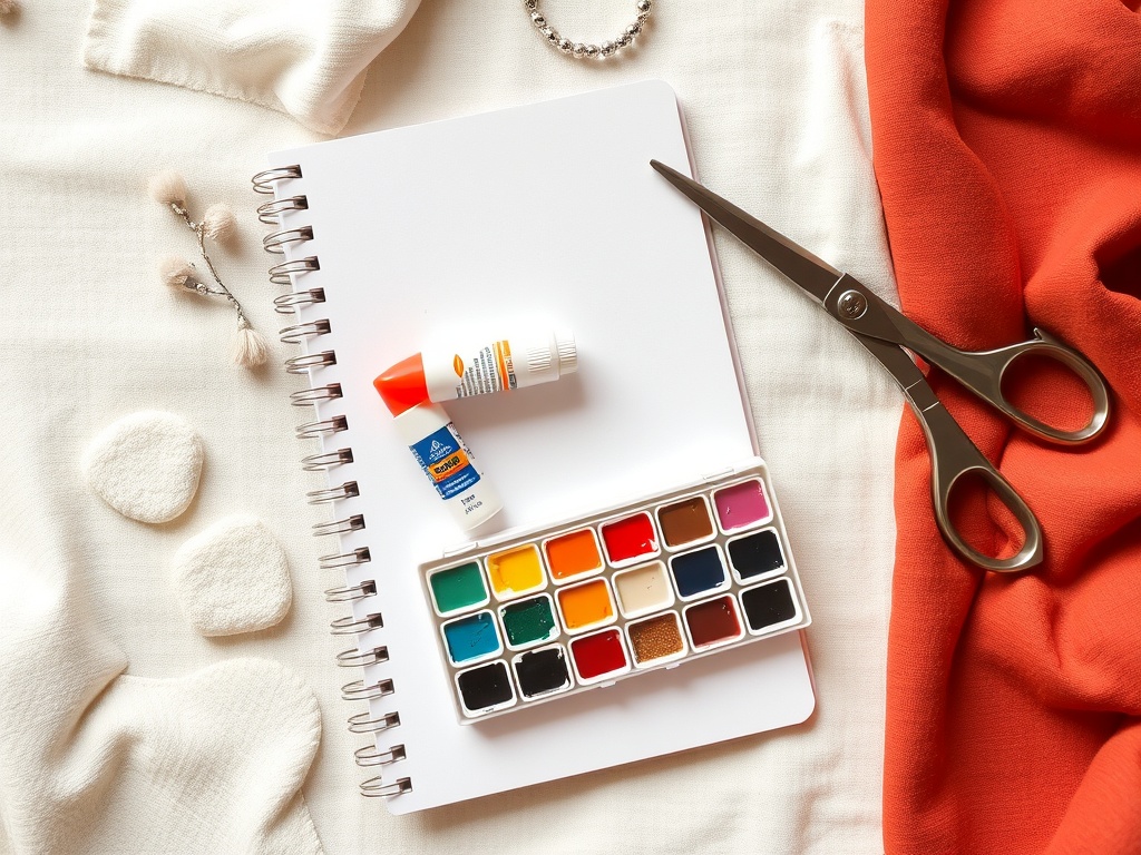 simple art journaling supplies laid out casually, notebook, glue stick, basic watercolor set, scissors, cozy warm tones
