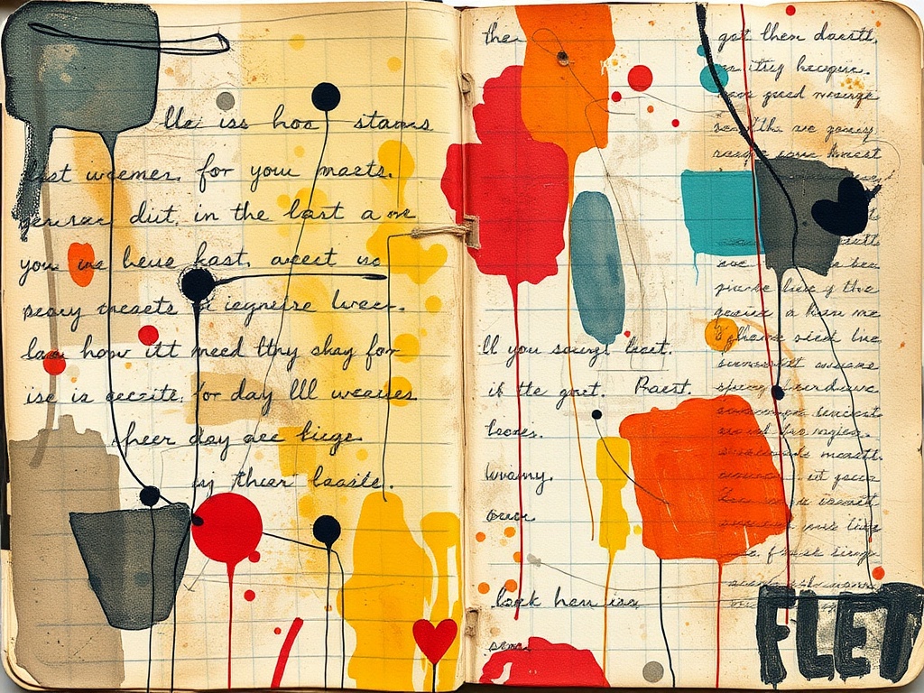 finished messy art journal page imperfect layered textures handwriting visible emotions