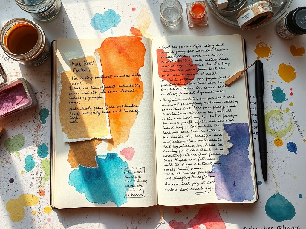 messy art journal spread with watercolor washes, torn paper collage, handwritten notes, warm natural light, paint stains on table